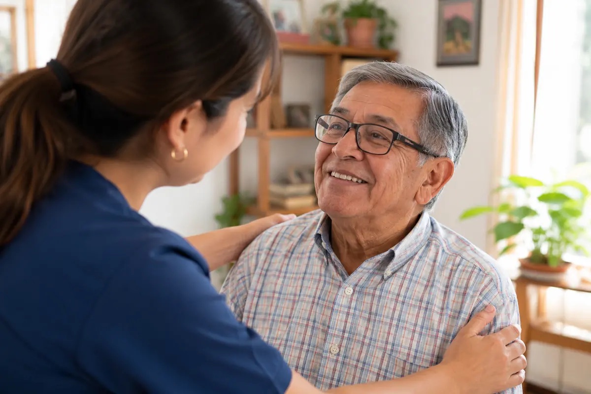Profesional de salud conversando con paciente mayor